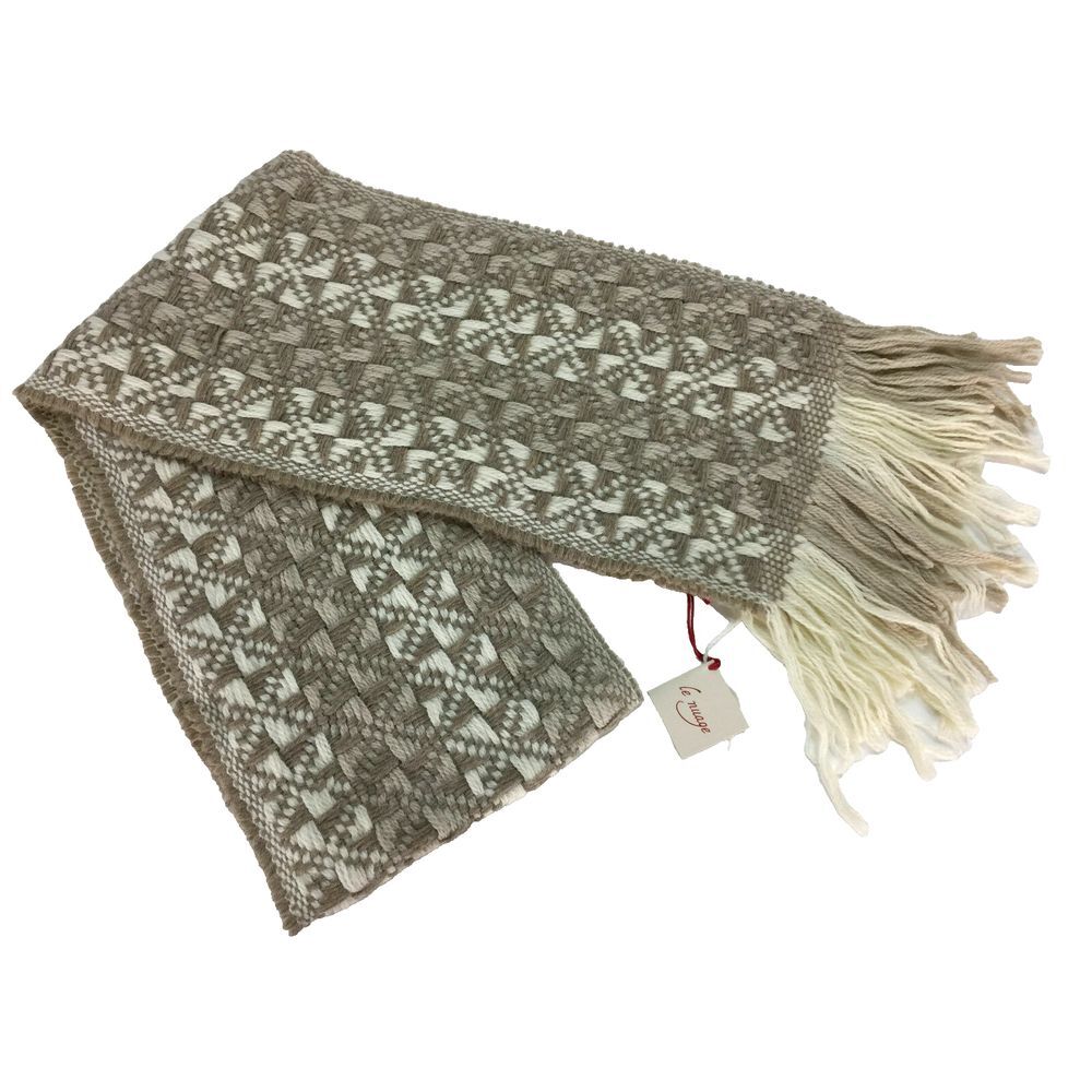 NWT Le Nuage Knit Weave Scarf 76"x10" Tan White Wool Acrylic Nordic Argyle Italy